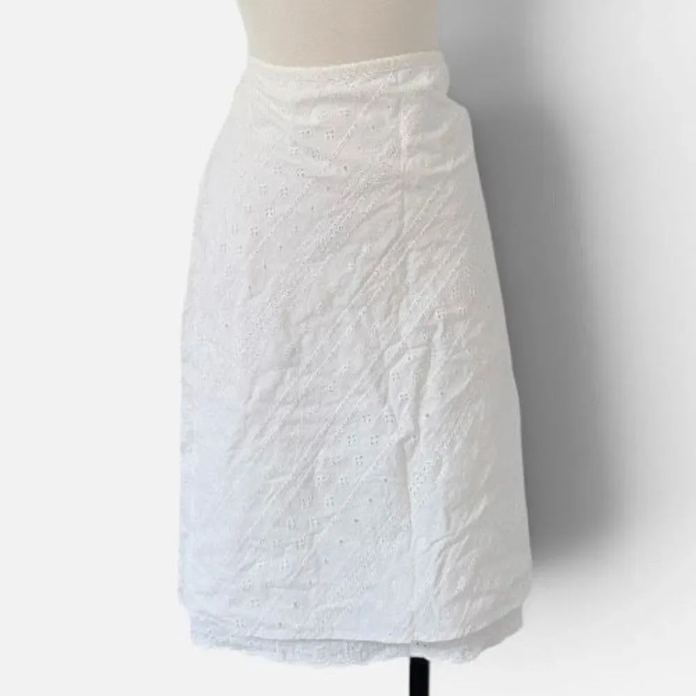 Vtg Vintage White Eyelet Lace Peasant Midi Knee Length Skirt Tiered Boho Medium